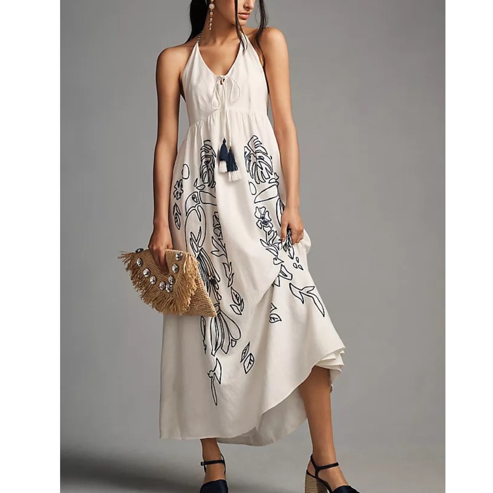 Farm Rio Embroidered Halter Maxi Dress Size XL Linen Blend Tassel Open Back Wome - Picture 1 of 16
